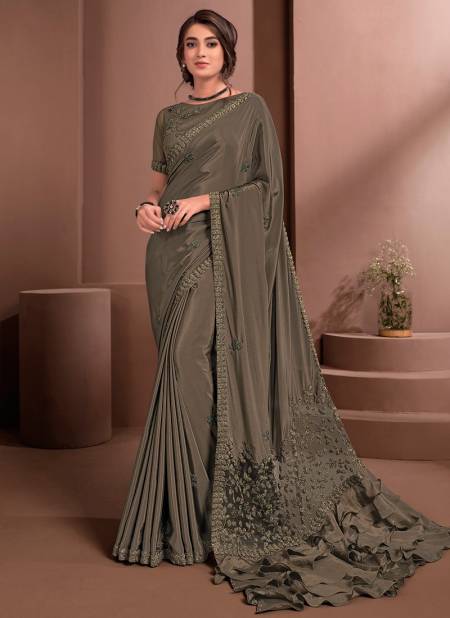 Brown Colour NORITA ROYAL RAISSA Party Festive Wear Crepe Embroidered Saree With Stitched Blouse 41018